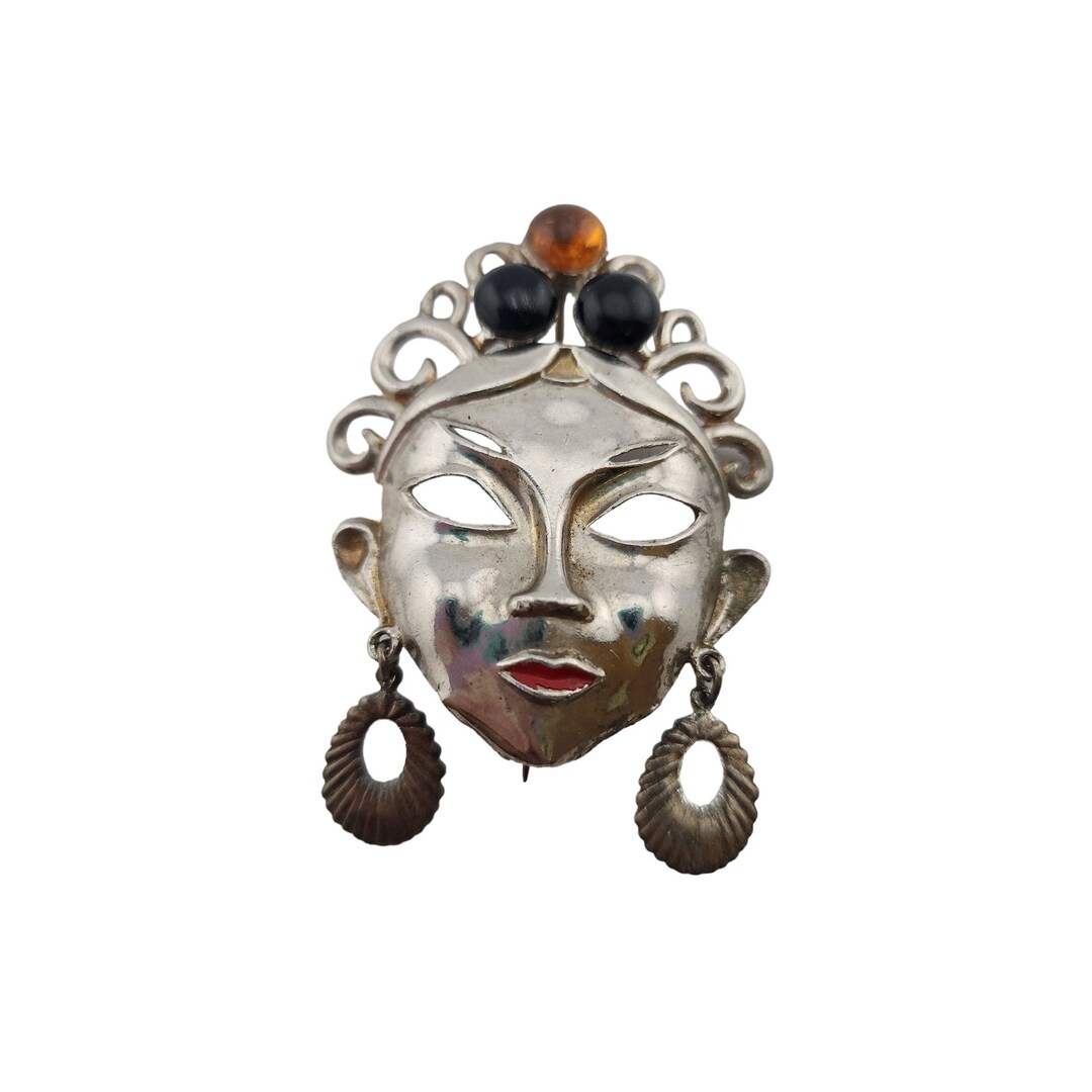 ★Lady★ Vintage Silvertone Glass Cab Mask Lady Brooch (A3342) - Etsy