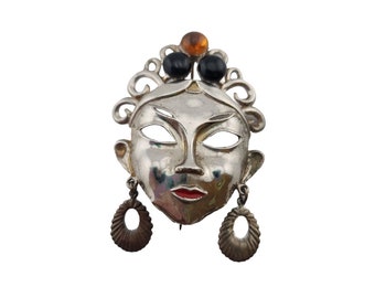 Vintage Silvertone Glass Cab Mask Lady Brooch (A3342)