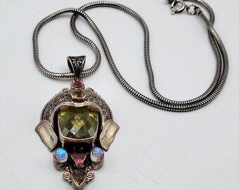 925 Sterling Silver Sajen Style Necklace w/ Iolite Amethyst & Tourmaline Stone (A180)