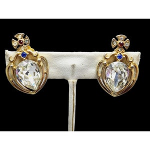 Vintage 80&#39;s Jeweled Crown Clip Earrings - Designer Quality (A1114)