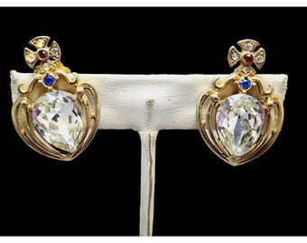 Vintage 80's Jeweled Crown Clip Earrings - Designer Quality (A1114)