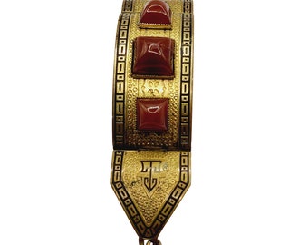 Antique Art Deco Brass Enamel & Carnelian Glass Bracelet (A544)