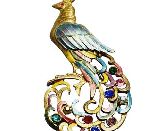 Rare Estate Early Enameled Jeweled Peacock Brooch (A1558)