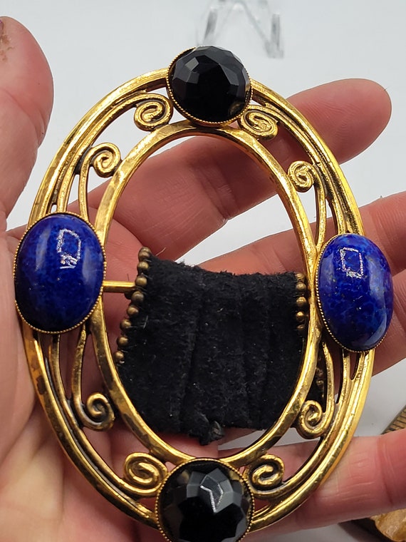 Huge Vintage Buckle w/ Prong Set Lapis Glass & Jet Faceted Rhinestone Huge Vintage Buckle W/ Prong Set Lapis Glass & Jet Faceted  main image 2