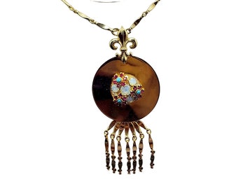Vintage Well Made Rhinestone Fleur De Lis Dangle Necklace (A2114)