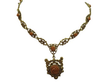 Antique Celluloid Flower Brass Pendant Necklace (A2378)