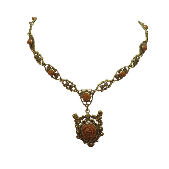 Antique Celluloid Flower Brass Pendant Necklace (A