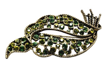 Vintage Signed Kramer Of New York Leaf Rhinestone Brooch (A1461)