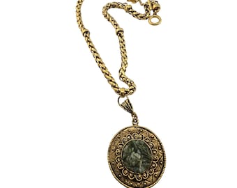 Vintage Crushed Jadeite? Marked Pendant On Fancy Chain Necklace (A8116)