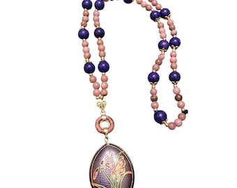 Vintage All Glass Possible Semi-Precious Orchard Cloisonné Double-Sided Necklace