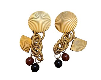 Vintage Textured Metal Gold Tone Ribbed Dangle Pierced Earrings (A1833)