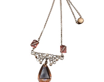 Antique Art Deco Glass Pendant Necklace w/ Marcasites Over Glass Necklace A2169