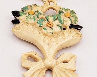 Antique Double Sided Celluloid Painted Flower Basket Dangle Brooch
