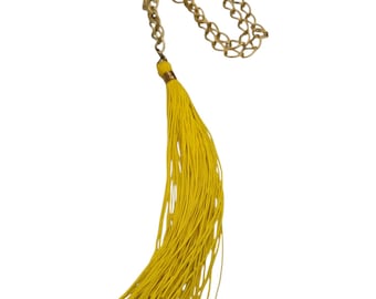 Vintage Signed Bee Charming NOS Yellow Silk Cord Huge Tassel Link Chain Necklace