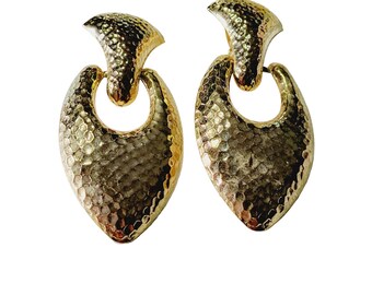 Vintage 80s Huge Runway Elongated Door Knocker Hammered Earrings (A398)