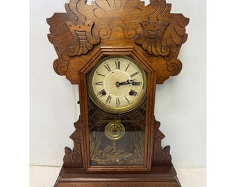 Antique Waterbury Clock Attleboro Clock Co. Gingerbread Oak Shelf Mantle Clock