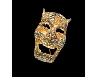 Fabulous Vintage Unsigned Blingy Mask Face Brooch (A4720)