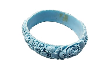 Vintage Blue Floral Celluloid Carved Bangle Bracelet (A1583)