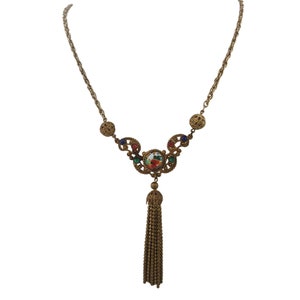 Vintage Unique Speckled Glass Filigree Tassel Necklace (A4292)