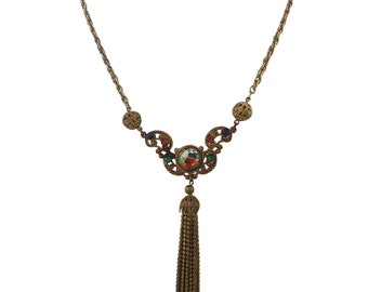 Vintage Unique Speckled Glass Filigree Tassel Necklace (A4292)