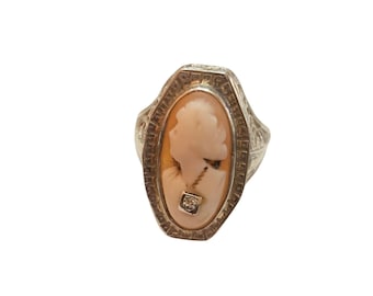 Antique Stunning 14kt Gold Filigree Cameo Ring with Diamond Size 7.5 (A7735)