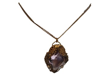 Antique Art Deco Faceted Glass & Brass Pendant Necklace (A2395)