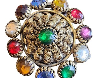 Vintage Heavy Brass Hand Wired Bezel Set Faceted Glass Dress Clip (A1898)