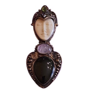 Vintage Sajen 925 Sterling Huge Semi Precious Goddess Pendant Brooch (A2119)