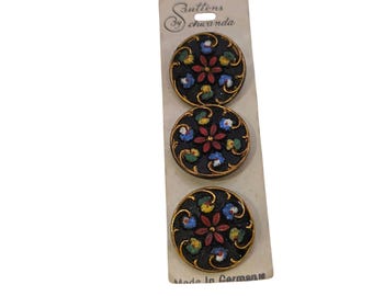Vintage German Sutton 3 Glass Painted Buttons (A7435)