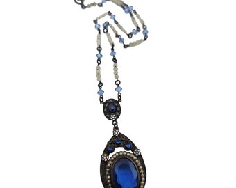 Vintage Enamel & Faceted Glass Pendant Necklace (A3854)