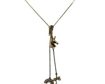 Vintage NOS Signed Bee Charming Unicorn Zipper Necklace (A1417)
