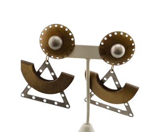 Vintage Unique 80s Steel & Brass Machinist Style Hand Made Clip Earrings (A9175)