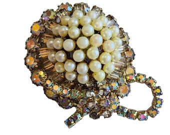 Vintage High Domed Faux Pearls Rhinestone Possibly Austria Brooch (A1708)