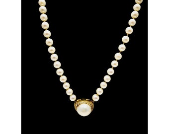 Vtg Signed Phoel & Sons 6mm Pearl Necklace w/ Mabe Pearl 14kt Diamond Clasp A905