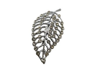 Vintage Rhinestone Unsigned Leaf Brooch (A8099)