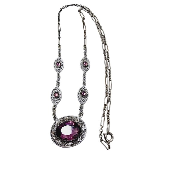 Vintage Art Deco Filigree & Glass Necklace (A2849) - image 4