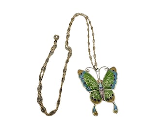Vintage Plique A Jour Butterfly Pendant Necklace (A663)
