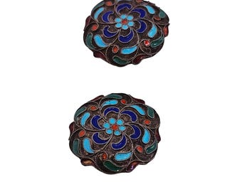 Vintage 925 Sterling Enamel Greek Rosette Clip Earrings (A8657)