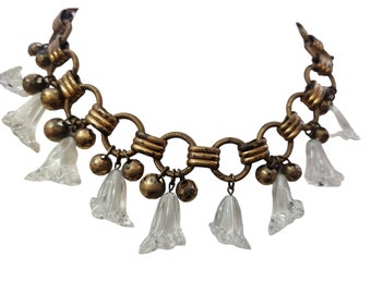 Vintage Haskell Molded Glass Flower & Brass Balls Chain Bib Necklace (A4299)