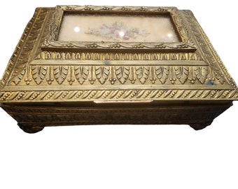 Antique Dore Bronze Footed Decorative Box with Needle Point Center (A2000)