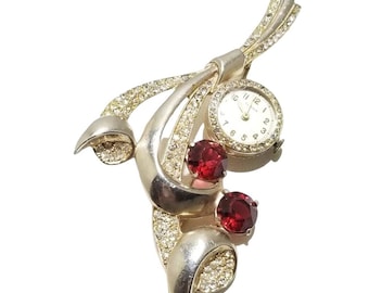Stunning Estate Vintage Art Deco Retro Ruby Paste Watch Brooch (A3410)