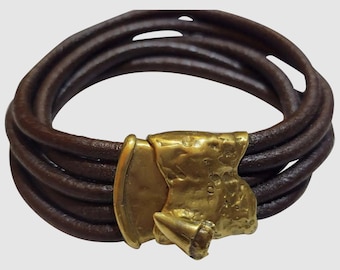 Alkemie Brutalist Leather and Brass Sharktooth Screw Lock Bracelet (A2667)