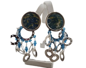 Boucles D'oreilles Clips Vintage Années 80 En Résine - Style Pendantes, Couleur Argenté, Occasion