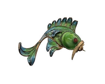 Antique Signed 800 Silver Enamel Fish Brooch (A9324)