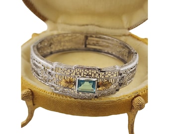 Antique Art Deco Filigree Two Tone Plated Glass Bangle Bracelet (A3334)