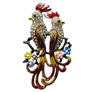 Vintage Huge Enameled Rhinestone Double Parrot Brooch (A1375)