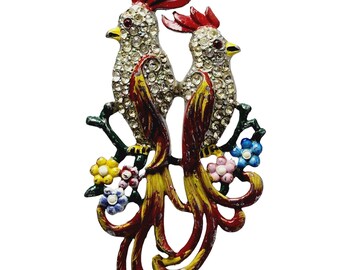 Vintage Huge Enameled Rhinestone Double Parrot Brooch (A1375)