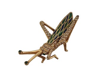 Vintage Ciner Signed Enameled and Rhinestone Grass Hopper Brooch (A4976)