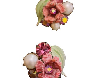 Vintage Kramer Signed Enamel Flowers Earrings (A1994)