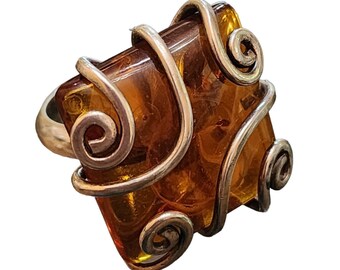 Vintage 925 Sterling & Amber Ring (A2052)